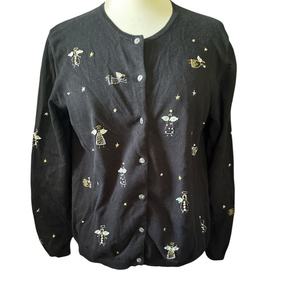 Susan Bristol cardigan button down front long sleeves angels/stars cotton Sz M - Picture 1 of 11